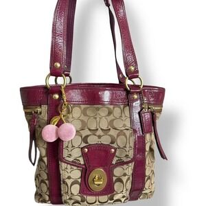 Y2k Coach‎ Legacy Signature Anniversary Turnlock Plum Khaki Tote Shoulder Bag